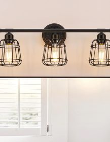 Elibbren 3-Light Bathroom Vanity Light Fixtures Over Mirror, Matte Black Bathroom Lighting Fixtures with Cage, E26 Base Farmhouse Wall Sconces for Bedroom Cabinets Living Room, UL Listed