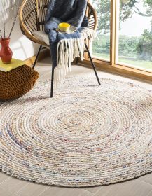 SAFAVIEH Cape Cod Collection Area Rug - 6' Round, Beige & Multi, Handmade Boho Braided Jute & Cotton, Ideal for High Traffic Areas in Living Room, Bedroom (CAP202B)