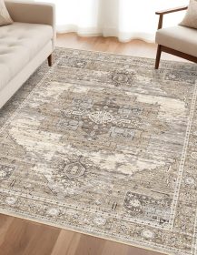 Washable 4x6 Area Rugs - Living Room Area Rug Stain Resistant Carpet Vintage Lightweight Ultra-Thin Rugs for Bedroom Kitchen entryway with Non Slip Backing Home Decor Small Mat 4X6 Beige